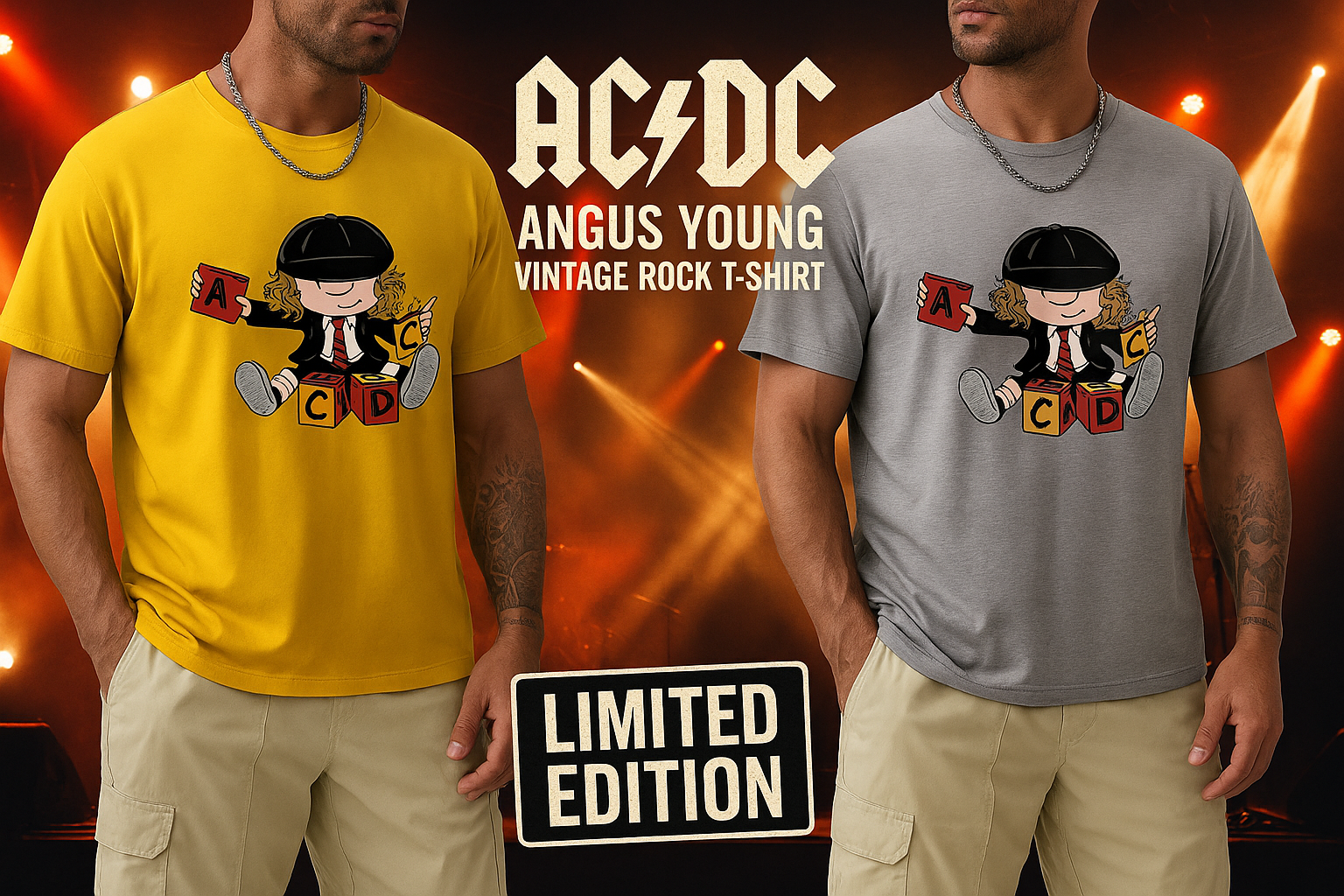 AC/DC Angus Young Vintage Rock T-Shirt - Close-up Cartoon Graphic Print Quality Detail