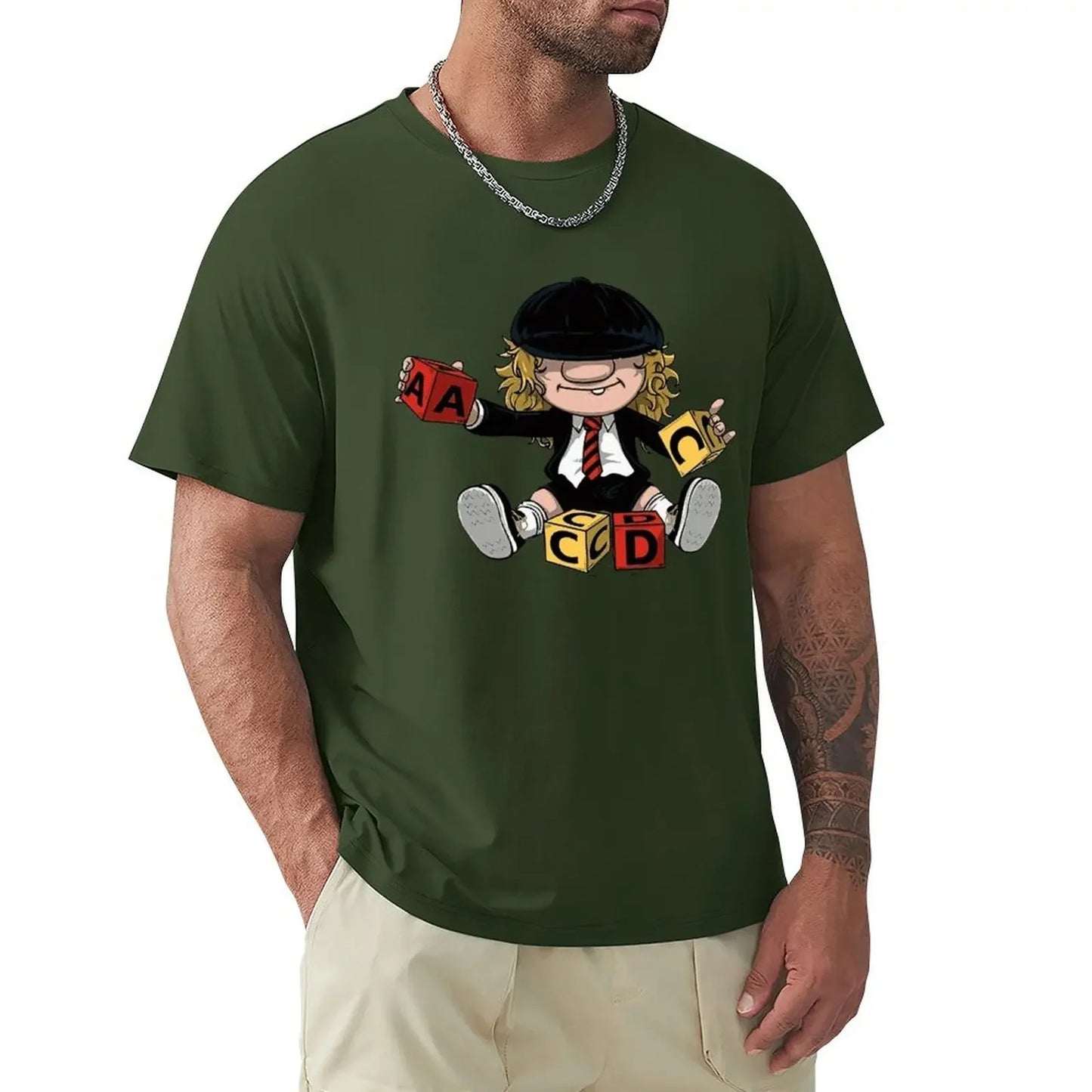 AC/DC Angus Young Vintage Rock T-Shirt Green - Front View 100% Cotton Band Inspired Merchandise