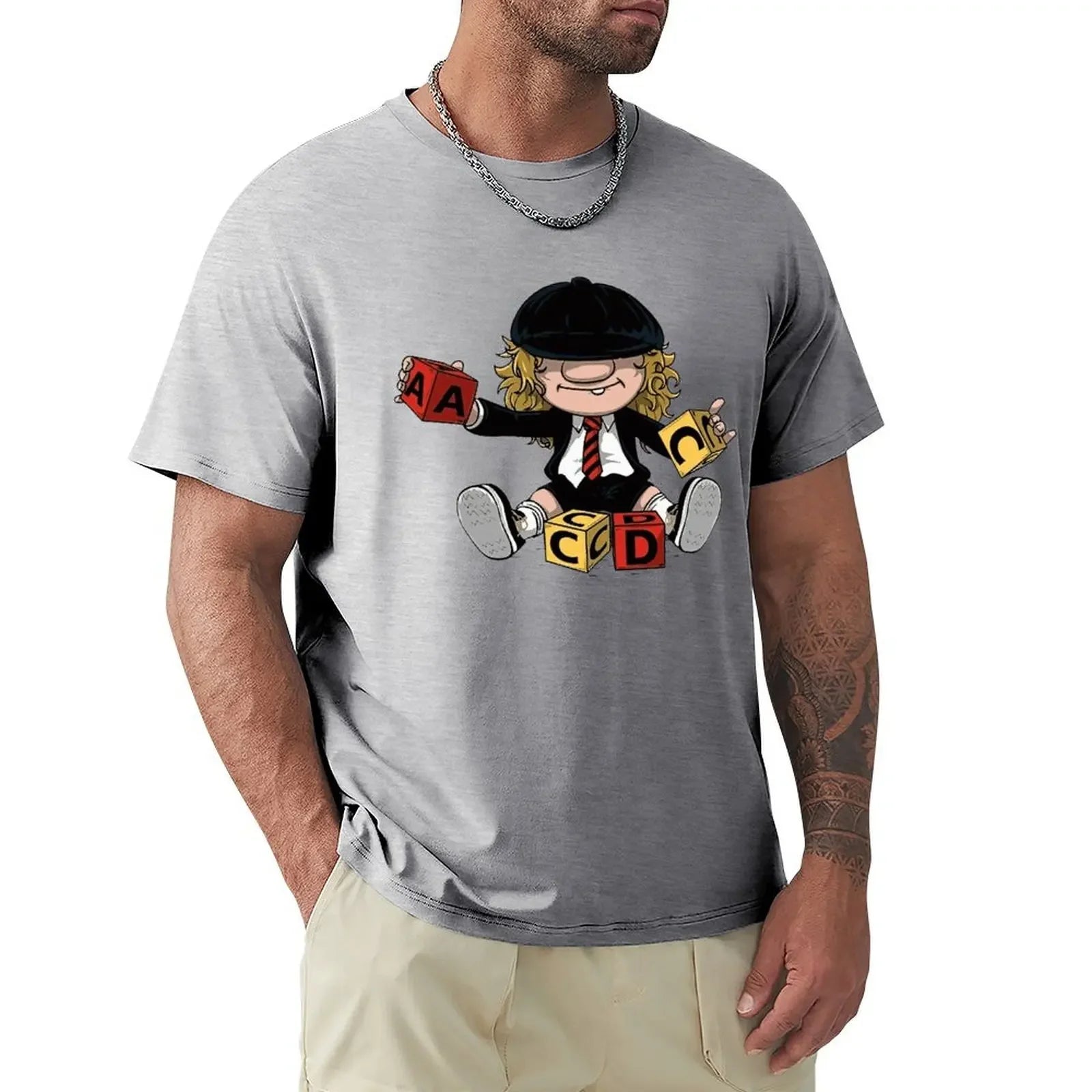AC/DC Angus Young Vintage Rock T-Shirt Grey - Front View 100% Cotton Band Inspired Merchandise