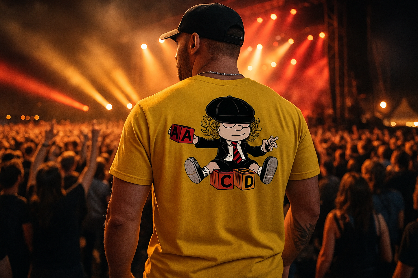 AC/DC Angus Young Vintage Rock T-Shirt - Lifestyle Photo Rock Fan Wearing Band Tee
