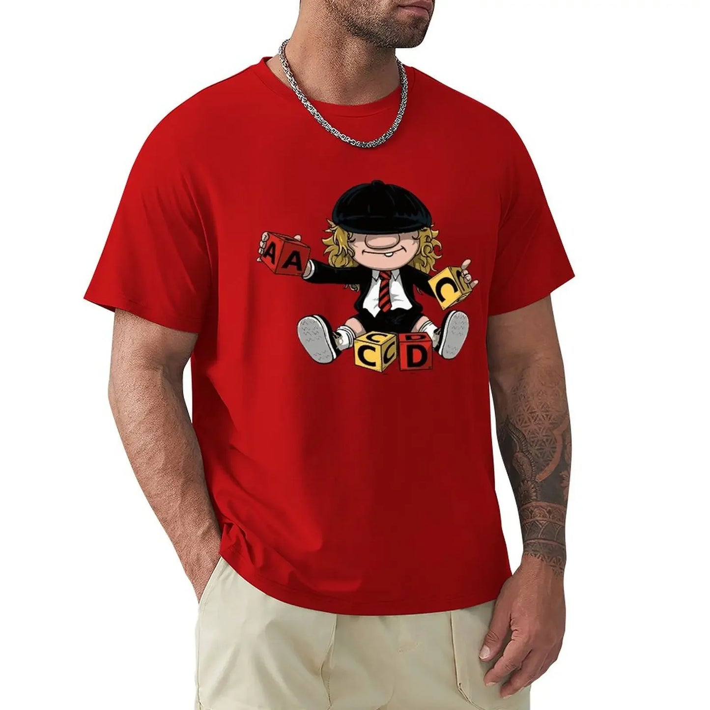 AC/DC Angus Young Vintage Rock T-Shirt Red - Front View 100% Cotton Band Inspired Merchandise