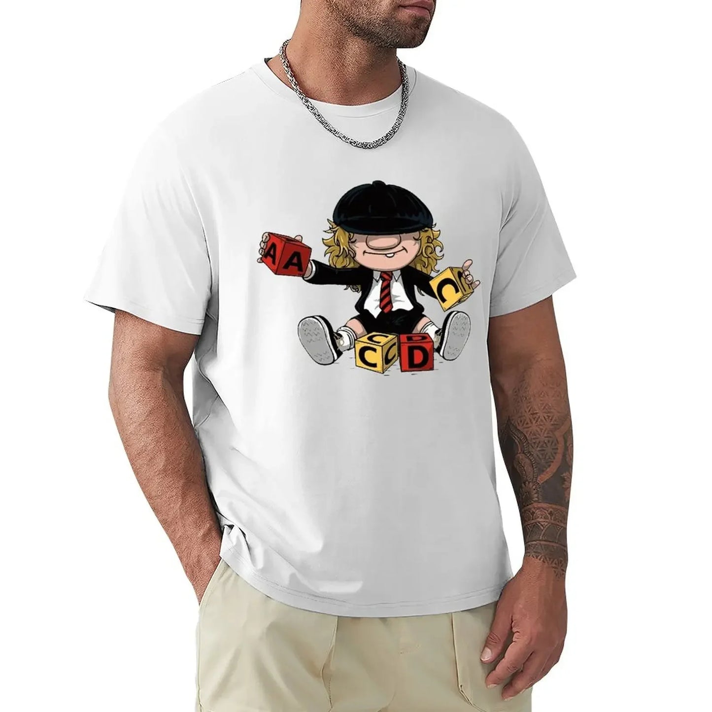 AC/DC Angus Young Vintage Rock T-Shirt White - Front View 100% Cotton Band Inspired Merchandise