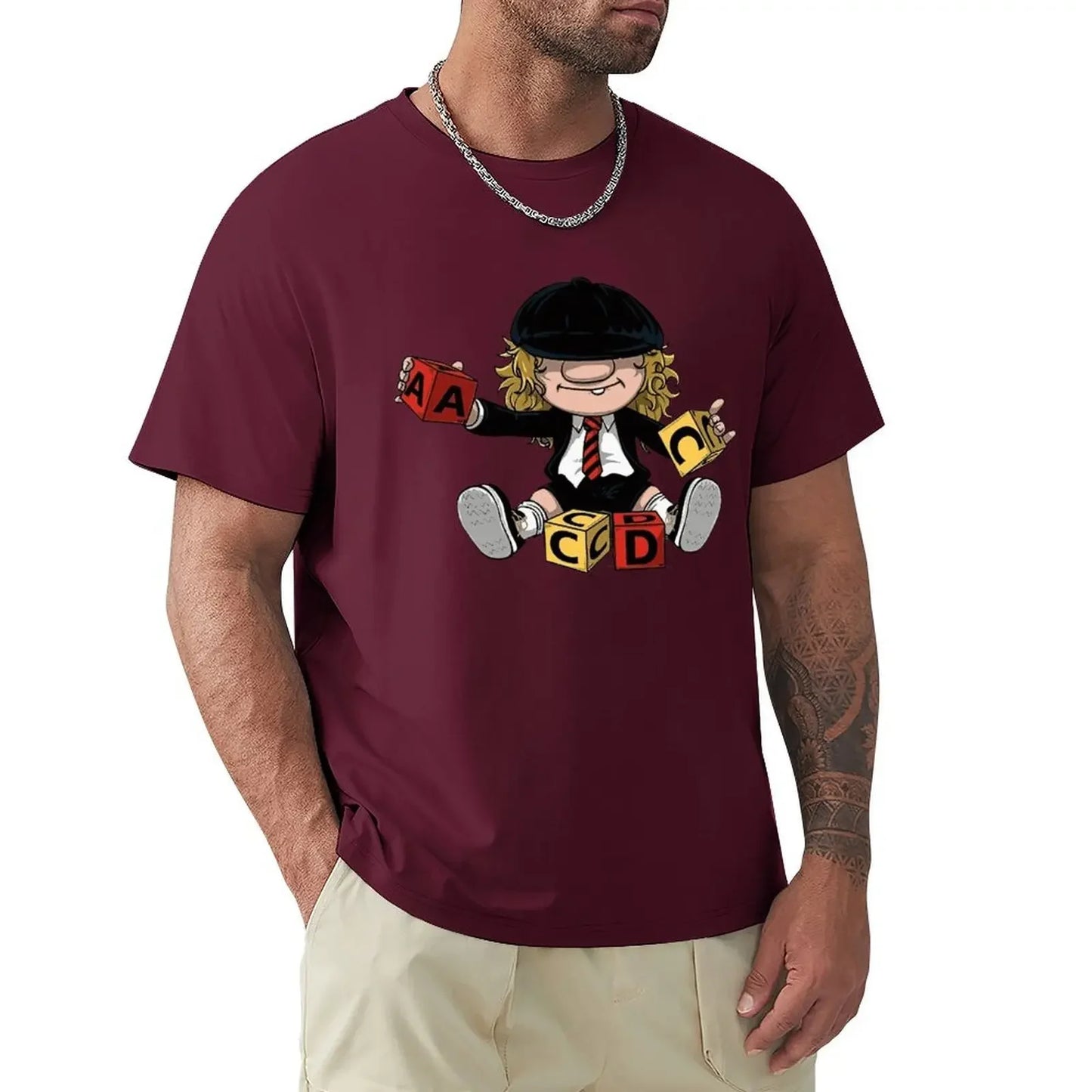 AC/DC Angus Young Vintage Rock T-Shirt Wine Red - Front View 100% Cotton Band Inspired Merchandise