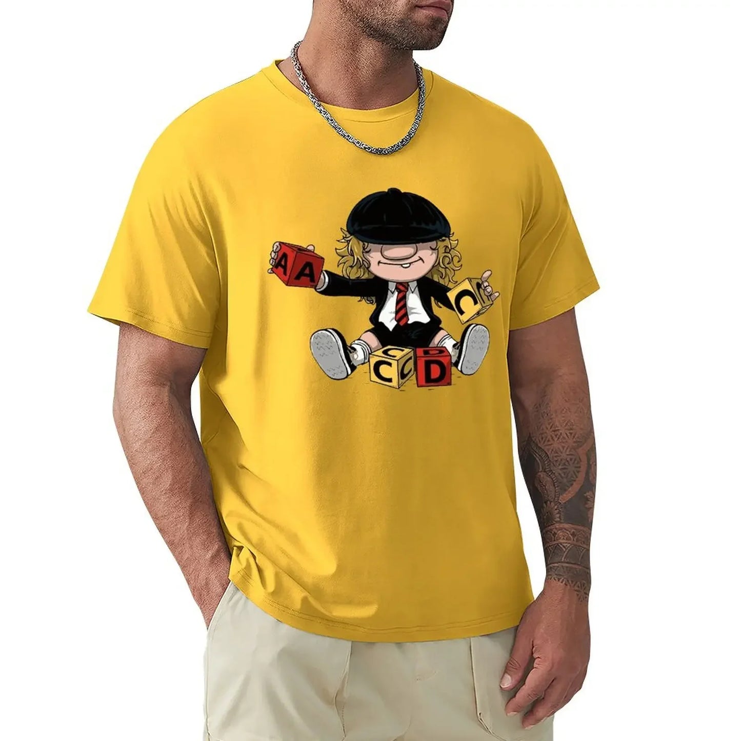 AC/DC Angus Young Vintage Rock T-Shirt Yellow - Front View 100% Cotton Band Inspired Merchandise