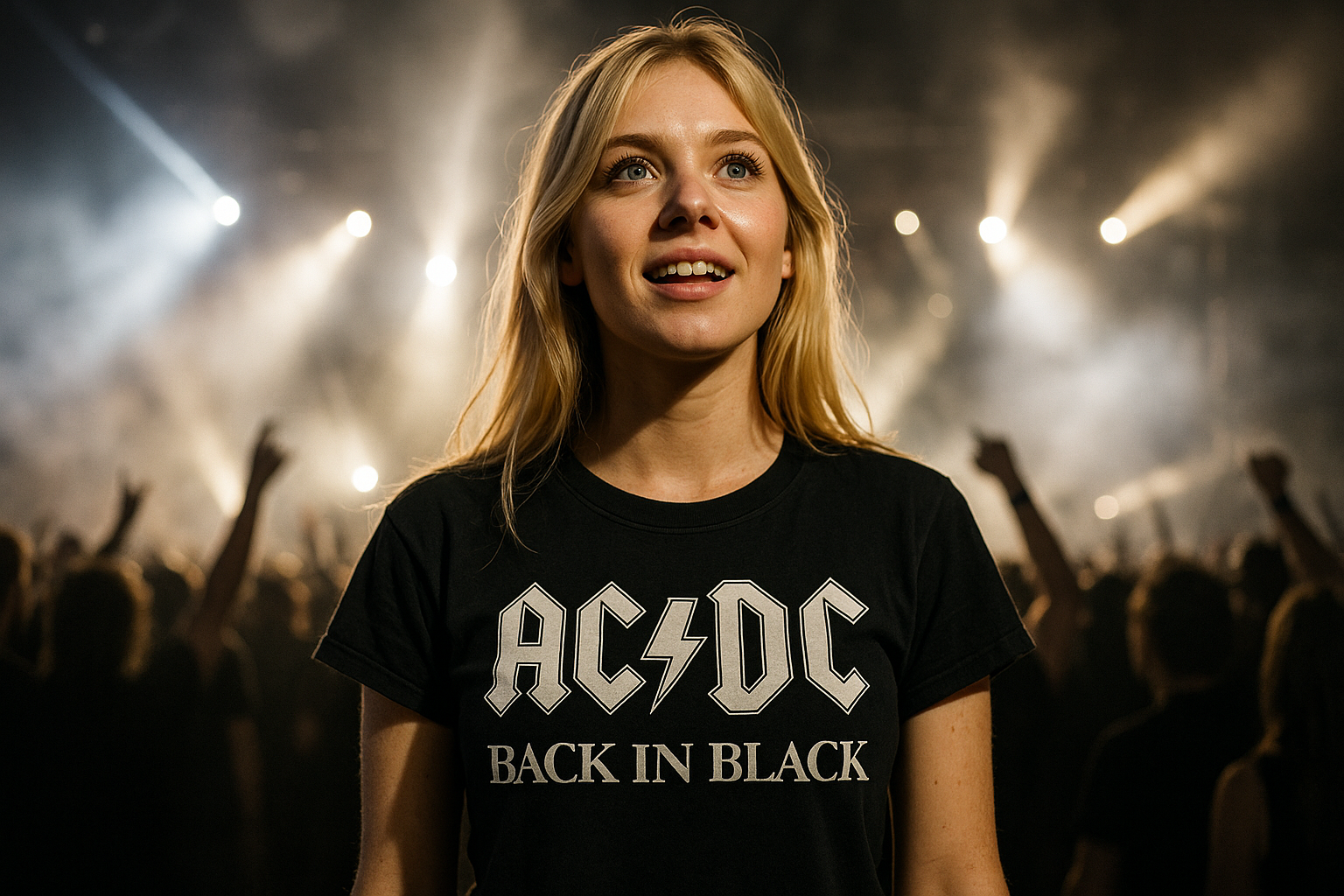 Blonde girl wearing AC/DC Back in Black shirt at concert