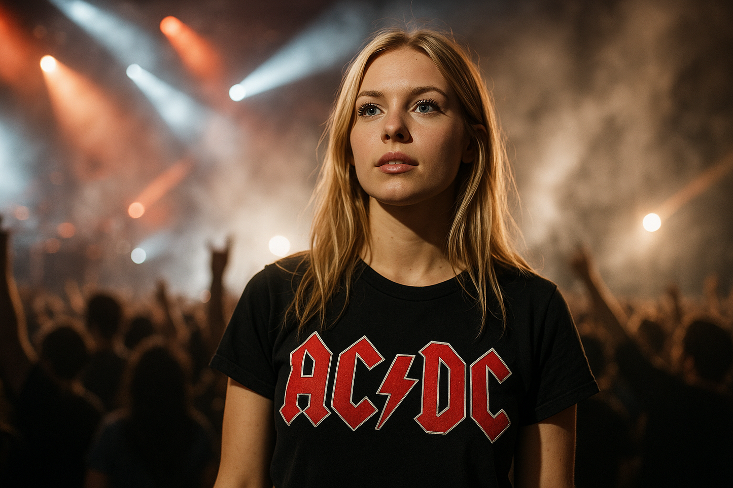 Blonde woman wearing AC/DC black t-shirt with red letters at rock concert - band merchandise lifestyle