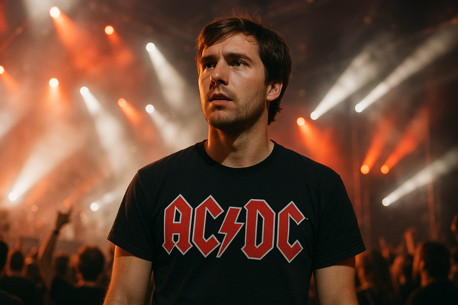 Brown-haired man wearing AC/DC black t-shirt with red logo at rock concert - vintage band tee