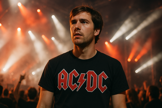 Brown-haired man wearing AC/DC black t-shirt with red logo at rock concert - vintage band tee