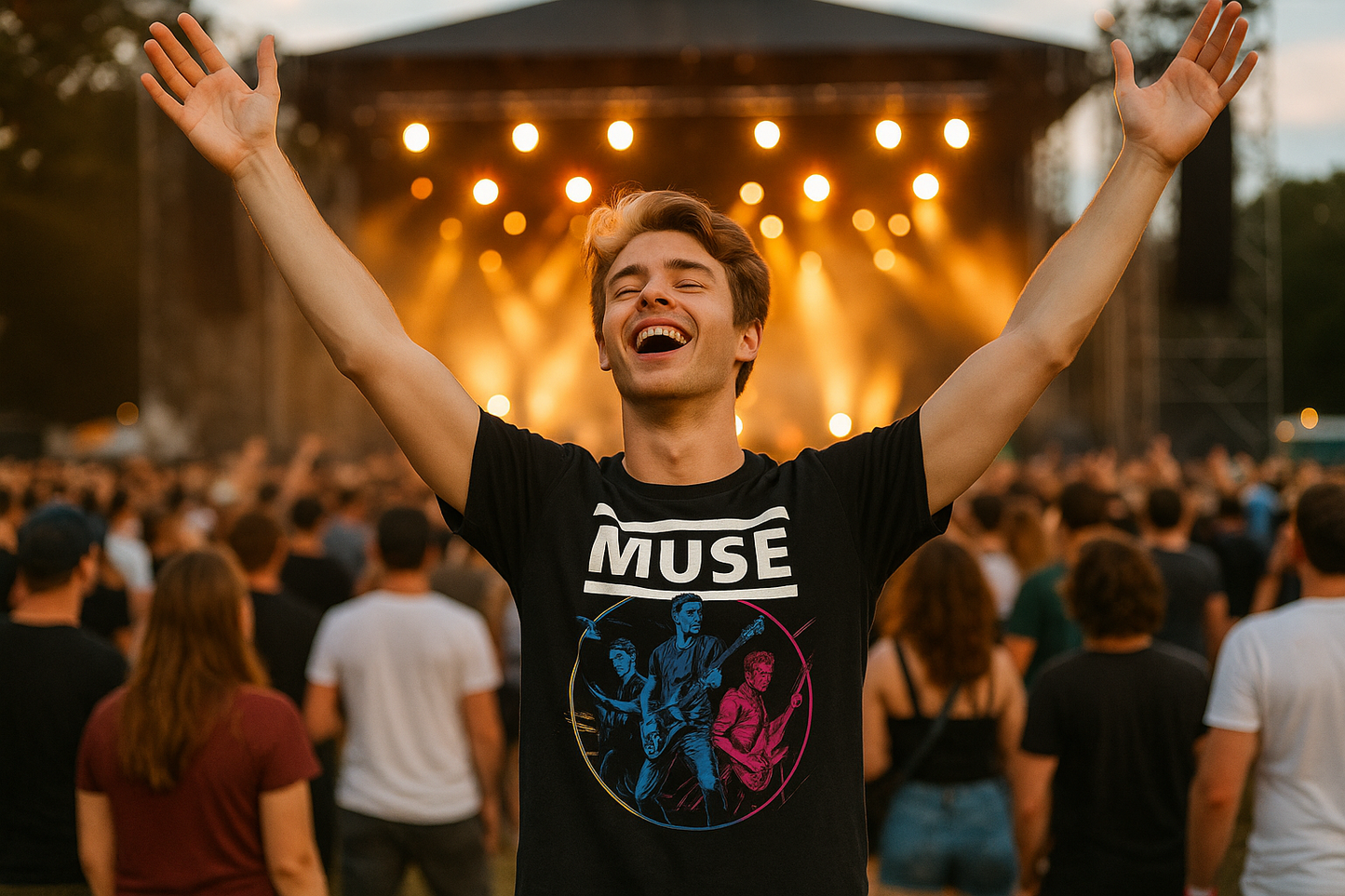 Muse 100% Cotton T-Shirt Festival Lifestyle - Man with White-Brown Hair