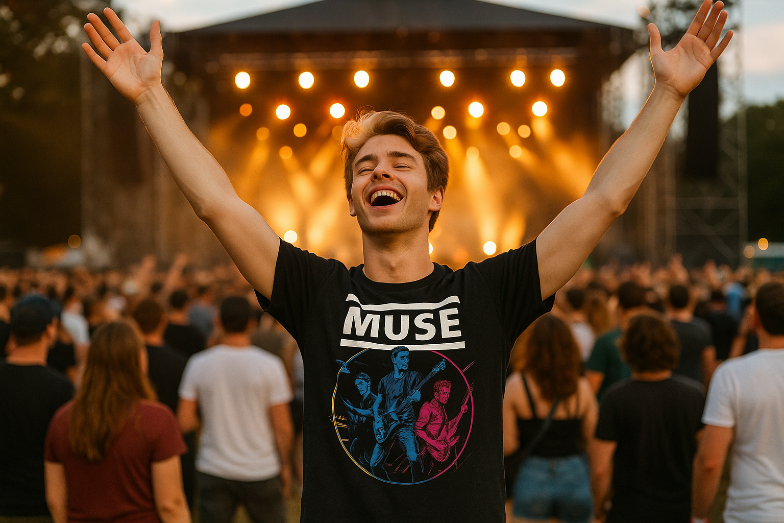 Muse 100% Cotton T-Shirt Festival Lifestyle - Man with White-Brown Hair