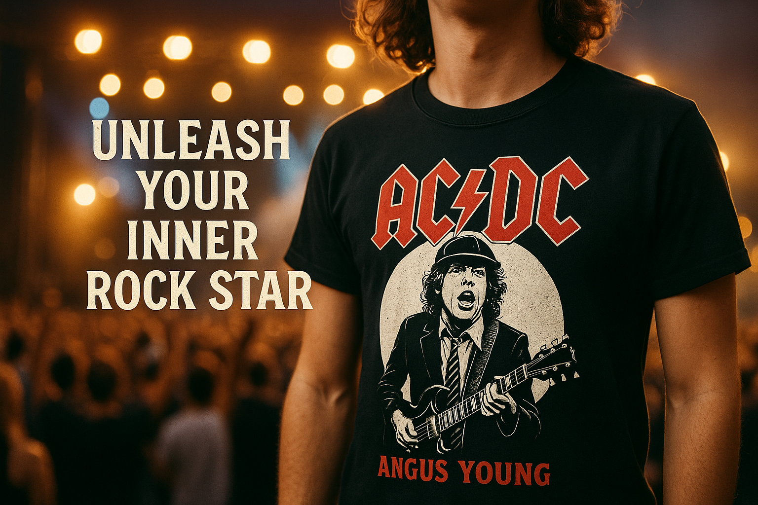 AC/DC T-Shirt Lifestyle Shot - Concert Goer Wearing Angus Young Graphic Tee